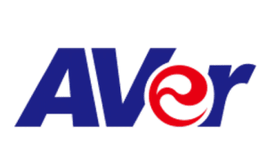 The image shows the logo of AVer, with the text "AVer" in bold font. The letters "AV" are in blue, while the letter "e" is stylized with a red swirl resembling an abstract symbol, and the letter "r" is in blue.