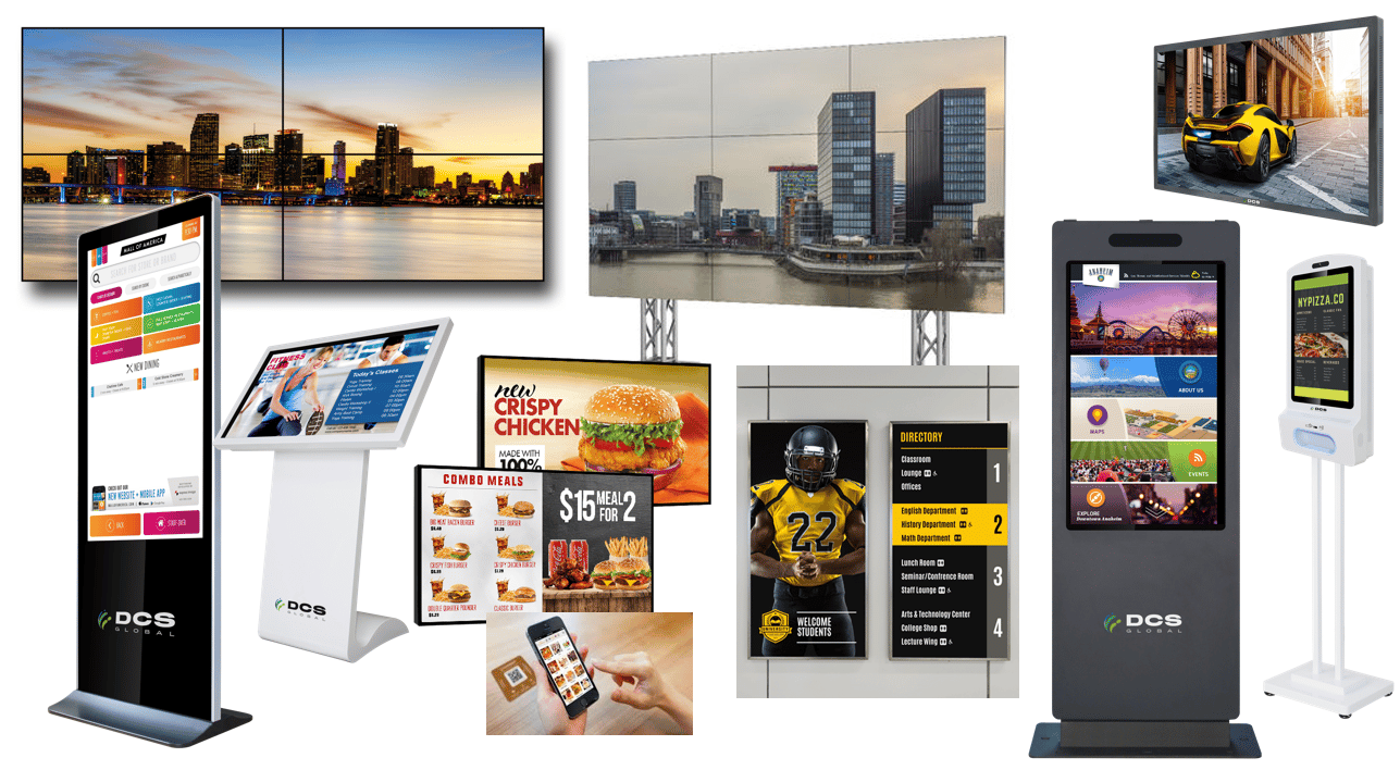 A collage of digital signage and display solutions including video walls, interactive kiosks, touch screen menus, digital menu boards, and display stands. One screen shows a cityscape, another shows a sports player, and multiple screens display various advertisements.