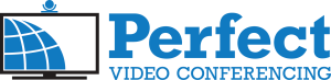 The image shows the logo for Perfect Video Conferencing. It features a stylized blue-and-white globe within a black monitor outline on the left side. To the right, the text "Perfect" is in large blue letters, with "Video Conferencing" in smaller green letters below.