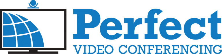 The image shows the logo for Perfect Video Conferencing. It features a stylized blue-and-white globe within a black monitor outline on the left side. To the right, the text "Perfect" is in large blue letters, with "Video Conferencing" in smaller green letters below.