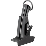 A sleek, black S8245 Headset Unlimited Talk Time SAVI 3-in-1 Convertible UC DECT 6.0 NA headset stand holding a single ear headset with an over-the-ear hook. The stand boasts a modern, minimalist design with a sturdy base and vertical support to keep the headset securely in place.