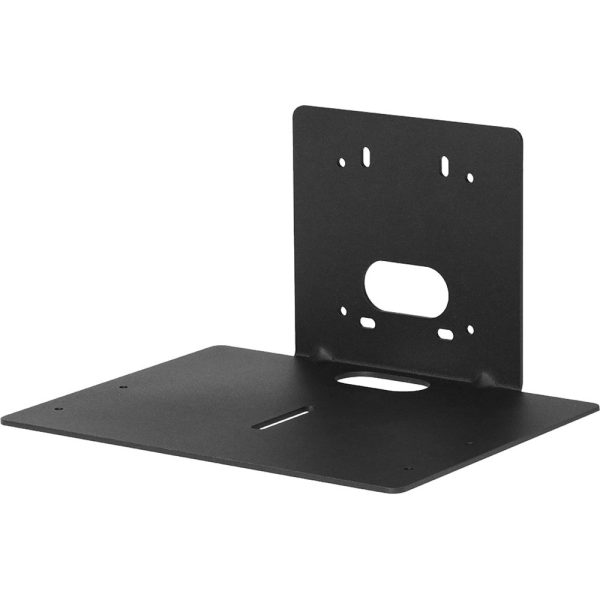 The Camera Shelf (Square) is a black metal mounting bracket featuring several holes and cutouts. It has a flat base that supports an upright rectangular plate, which contains various mounting holes to accommodate different configurations.