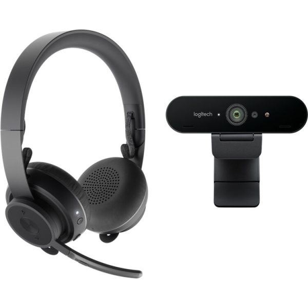 A black over-ear Logitech Pro Zone Wireless headset with a microphone boom arm is positioned next to a sleek black Logitech Brio webcam, complete with a mount. Both devices from the Logitech Pro Personal Video Collaboration Kit boast modern and sophisticated designs.