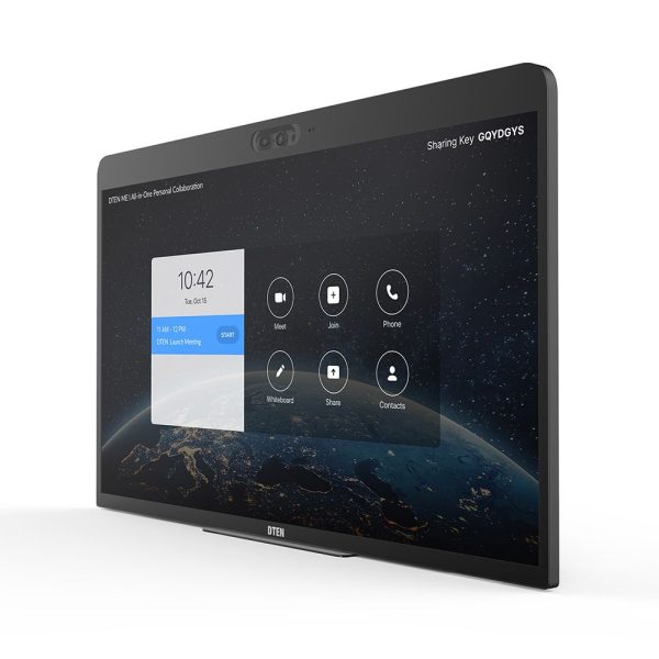 The DTEN ME, a sleek black digital conferencing device, features a screen with options for meet, join, phone, whiteboard, share, and contacts. The background displays an image of Earth from space while the screen shows the time as 10:42 and a scheduled meeting at 11:00 AM.