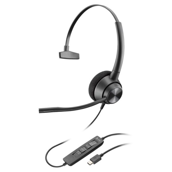 The 310 ENCOREPRO HEADSET EP310 USB-C WW is a black, single-earpiece wired headset equipped with a long, adjustable boom microphone. It features an in-line control module with buttons for volume adjustment, microphone mute, and call management. The cable is terminated with a USB-C connector.