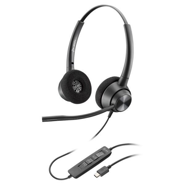 The 320 ENCOREPRO HEADSET EP320 USB-C WW is a black, over-the-head headset with cushioned ear pieces and an attached microphone. It features an inline control panel with buttons for volume adjustment, call control, and muting, and connects via a USB-C cable.