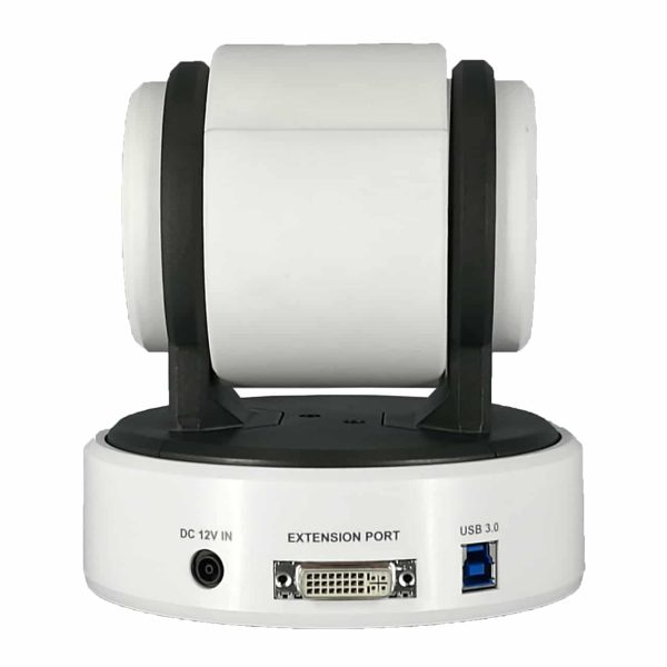 Image of the back view of a Bolin Technology Full HD PTZ Camera- 2 Series VCC Camera (9) in white with black accents. The base features various ports: a DC 12V power input, an extension port, and a USB 3.0 port. The upper part consists of two cylindrical components held by black supports.