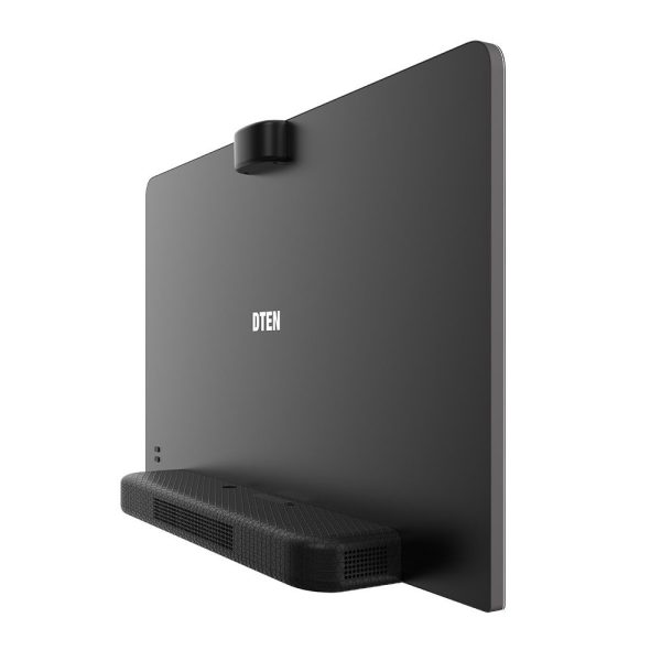 The image depicts a sleek, modern DTEN ME interactive display panel from a rear side angle. It features a black surface, a camera mounted on top, and a detachable rectangular speaker or accessory attached at the bottom.