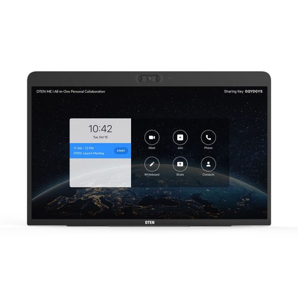 The DTEN ME video conferencing system shows a user interface with a clock displaying "10:42," the date "Tue, Oct 15," and a schedule for an "11 AM - 12 PM DTEN Launch Meeting." Various options such as Meet, Join, Whiteboard, Share, and Contacts are visible on the screen.