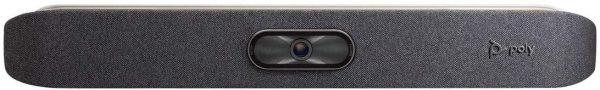 The Poly Studio X30 + TC8 Touch-panel is a rectangular, gray video conferencing camera with a cloth-covered front, featuring a central lens and small sensors. The word "poly" and its logo are located to the right of the camera lens.