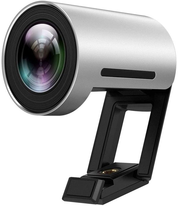 The UVC30 is a sleek, silver cylindrical webcam with a large lens and a black adjustable stand. It features a glossy finish, curved edges, and a compact design that is suitable for attaching to monitors or placing on flat surfaces.