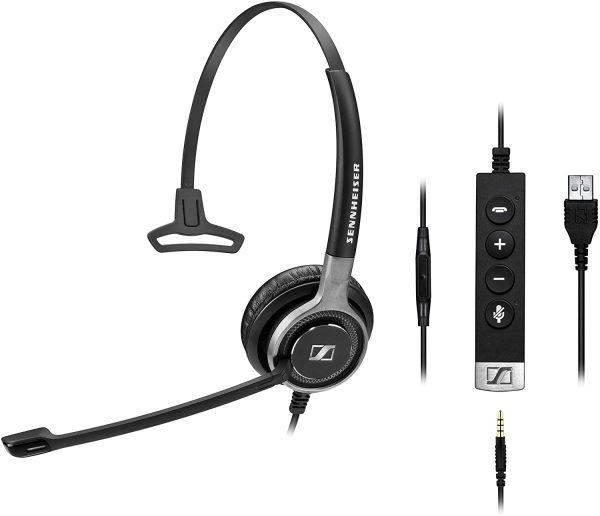 Introducing the Sennheiser SC 635 USB: an on-ear black headset with a single earpiece and an adjustable headband. Featuring a microphone boom on the left side, a 3.5mm jack, and an inline control for volume, mute, and call functions. The iconic "Sennheiser" logo is prominently displayed on both the headband and control unit.