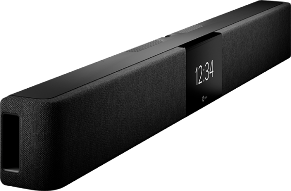 The HDL 200 is a sleek black soundbar featuring a rectangular design and a central digital display showing the time "12:34." Its surface boasts a smooth finish with mesh speaker coverings flanking both sides of the display.