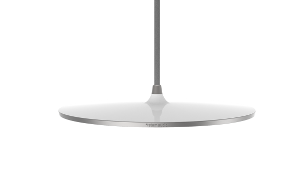 A sleek, modern white Ceiling (Stem) overhead microphone hangs from a gray cable against a plain white background, with the brand name "Stem Audio" visible on its surface.