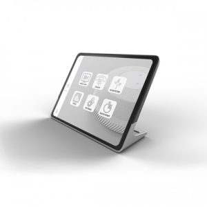 The Control (Stem), a sleek and modern tablet with a thin profile, is displayed on a minimalist stand. The screen features various app icons, including settings, a gift box, a book, and a communication symbol, hinting at its diverse functionalities. The background is clean and white.