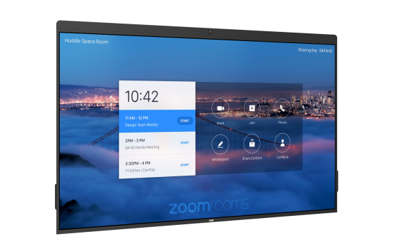 A large screen on the DTEN D7 75" displays a Zoom Rooms interface with a cityscape background, showing the current time, scheduled meetings, and options to start a meeting, join, phone, access a whiteboard, share content, and view contacts.