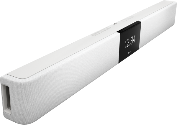 The HDL 200 is a sleek white soundbar featuring a minimalist design, with a digital display screen in the center showing the time "12:34". It has a mesh front cover and a smooth top surface with slightly curved ends.