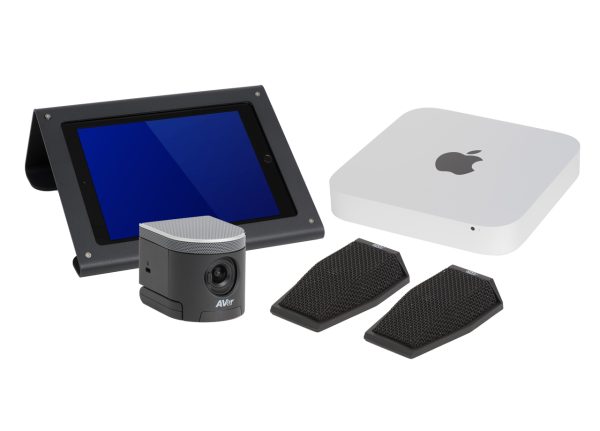 A video conferencing setup featuring the AVer, MXL, Mac Huddle Room Kit including a tablet in a black stand, an Apple Mac mini, an Aver camera, and two black speaker units. The devices are arranged on a white background, highlighting their unique designs and features.