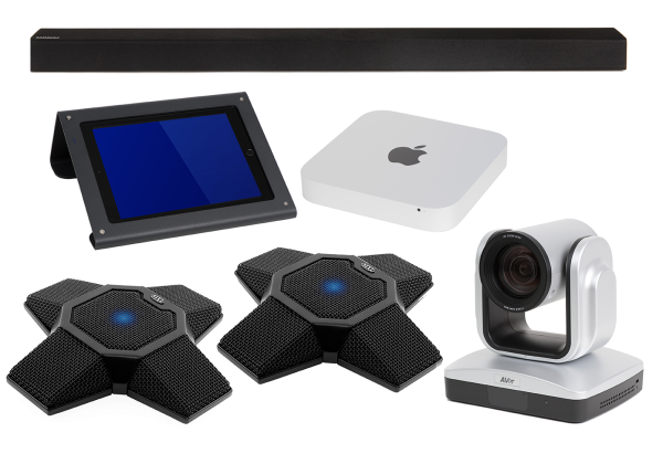 The MXL Mac Zoom Room (CONFMAC360ST) includes a soundbar, a touchscreen device, a small silver box with the Apple logo, two star-shaped speakerphones, and a silver and black PTZ camera.