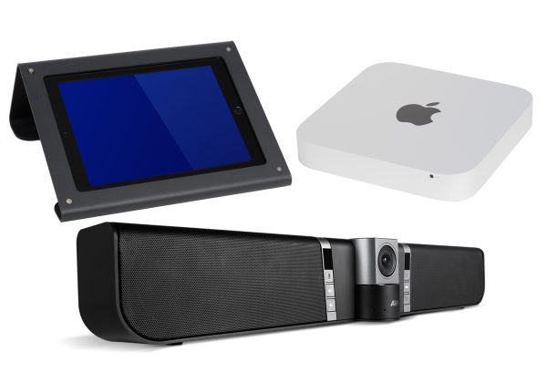 A set of electronic devices including a tablet with a black frame, a silver Mac Mini featuring an Apple logo on top, and a black conference speaker with an integrated camera, all from the Small Aver Zoom Room (HUDMACAVERST) collection. These items are arranged on a white background.