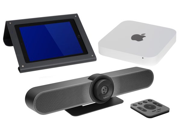 Discover the Small Mac Zoom Room (HUDMACLOGIST) collection of video conferencing equipment, which includes a tablet in a stand, a compact Apple Mac computer, a large speaker with an integrated camera, and a remote control. The tablet screen is off and displays a dark blue color.