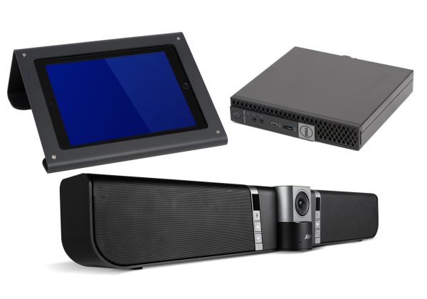 A black tablet with a blue screen rests on a stand (top left), a compact black electronic device with ports and buttons, the Small Aver Zoom Room (HUDPCAVERST), is positioned to the right (top right), and a black soundbar with a built-in camera and buttons sits below (bottom).