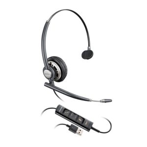 The Plantronics (203476-01) Headset/Earset is a black, one-ear headset equipped with a microphone boom and a USB connection cable. The control module on the cable includes three buttons for call control, volume adjustment, and mute functions. This headset also features an adjustable, lightweight headband and a cushioned earpiece for added comfort.