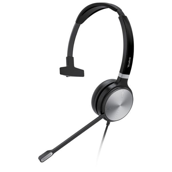 The UH36 Mono is a black, over-the-head, single-ear headphone equipped with an attached microphone. The headphone band offers partial adjustability for a customized fit, and the ear cushion is padded to ensure comfort. The microphone extends from the ear cup and terminates in a small, perforated tip.