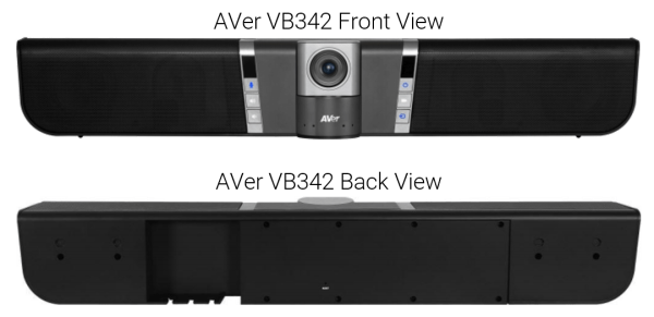 Front and back views of the VB342 video conferencing bar. The front features a central camera lens and built-in speakers, while the back is equipped with connection ports and mounting slots. Both views are clearly labeled.