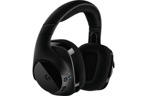 The Logitech G533 Wireless Headset is a pair of black over-ear wireless gaming headphones featuring a cushioned headband and ear cups. The headphones boast a sleek design with a small logo on the ear cups and are equipped with buttons and LED indicators for volume control and connectivity.