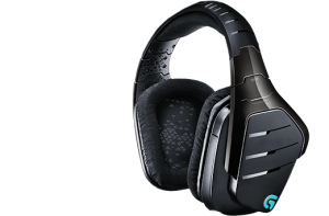 Logitech G933 Wireless Headset, a black over-ear gaming headset with padded ear cups and headband. It features an angular ear cup design and a prominent, glowing blue "G" logo on the side, characteristic of the Logitech brand. The headband also boasts some patterned detailing.