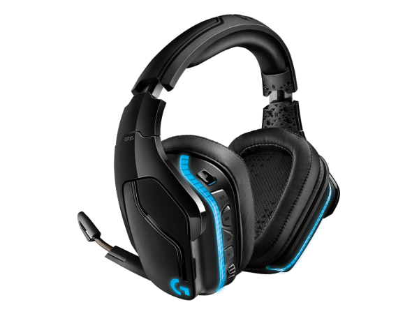 Introducing the Logitech G935 Wireless Headset, a sleek black gaming headset with a built-in microphone and blue LED lighting. The ear cups are cushioned for comfort, and the headset features several control buttons on the side, adding to its modern, high-tech appearance.