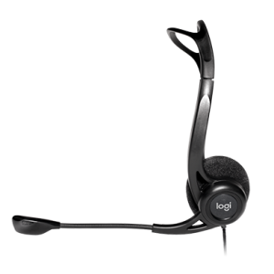 The Logitech H370 Wired Headset features a black on-ear design with a flexible boom microphone and a headband. The foam-padded earpieces provide comfort, and the microphone is positioned on the left side. The brand logo "logi" is prominently displayed on the outer side of the left ear cup.