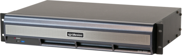 A Large/Training - Icon 800 video conferencing system with a 10x cam and phone HD is shown. It features a sleek, rectangular design with a metallic finish, ventilation slots, and various input and output ports on the front panel. The Lifesize logo and model name are prominently displayed on the front.