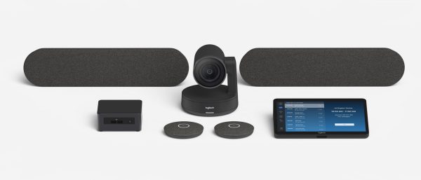 A Logitech Room Solutions for Zoom Rooms - Large setup, featuring a central camera, two speakers, a small black box, a tablet displaying the software interface, and two round microphones, all arranged neatly on a white background.