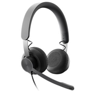 The Logitech Zone Wired Headset is a sleek, black, over-ear headset with a built-in microphone. It features padded ear cups for comfort and a flexible, adjustable headband. The microphone is positioned on a boom arm extending from the left ear cup.