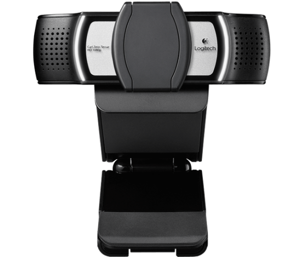 The PRO WEBCAM Ultra Wide Angle HD Webcam, designed by Logitech, boasts a sleek black exterior with stylish silver accents. It is mounted on a matching black stand and features two perforated sections on either side of the lens, presumably for audio capture. The front prominently displays the Logitech logo.