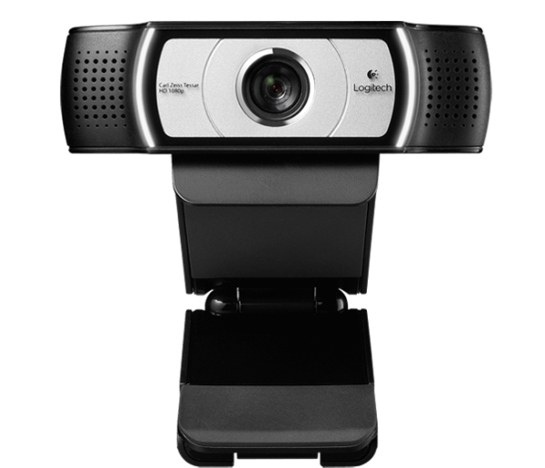 The PRO WEBCAM Ultra Wide Angle HD Webcam from Logitech is a black and silver device featuring a central lens and built-in stereo microphones on each side. It is mounted on a foldable, adjustable base, making it easy to attach to monitors or desks.