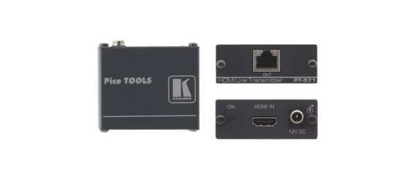 Image of a pt-571 HDMI Line Transmitter. The device is viewed from three different angles, showcasing its front, back, and side. The front highlights the "Kramer" brand name and the "Pico TOOLS" label. The back includes an Ethernet input, while the side reveals HDMI IN and power input ports.