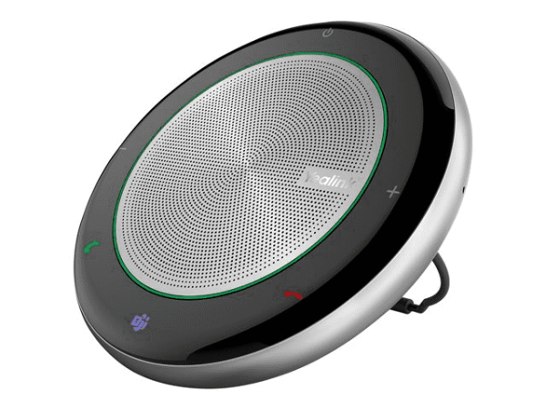 The CP700 is a black, circular Bluetooth speaker featuring a green LED ring around its center. It has red and green phone control buttons, along with a blue power button located on its edge. The speaker grill is prominently visible in the middle of the device.