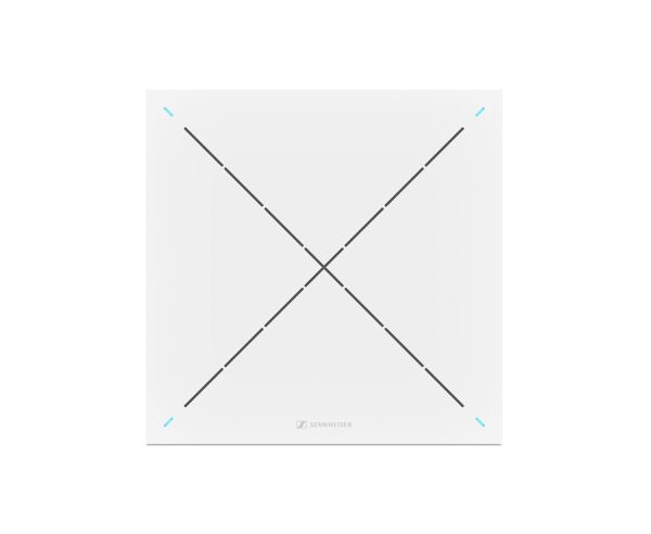 A white, square TeamConnect Ceiling microphone by Sennheiser featuring a black X pattern and teal accents at each corner. The Sennheiser logo is centered at the bottom.