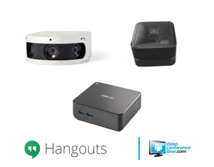 Image showing various video conferencing equipment including a Panacast 2 camera, an unidentified black device with red and green accents, and an ASUS Chromebox for Meetings. The image also features the Hangouts logo and the VideoConferenceGear.com logo.