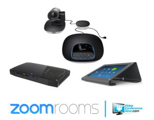 A collection of video conferencing equipment, encompassing a camera, speakerphone, control panel, and a small console from the "Zoom Rooms Kit featuring the Logitech Group with Intel NUC Perfect for Meeting Rooms." Below the equipment, you can see the text "zoom rooms" and the "Video Conference Gear.com" logo.