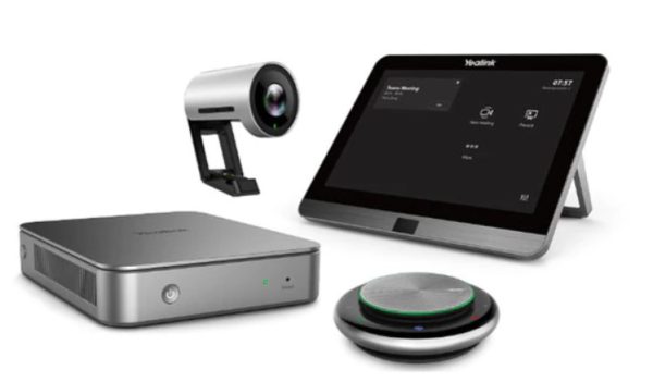 A video conferencing system, the Yealink MVC300 II, featuring four components: a camera mounted on a stand, a touchscreen control panel displaying a meeting interface, a small silver box, and a round speaker with a green light. All are branded with "Yealink" and arranged on a white background.