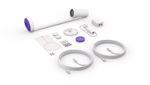 Smart security camera kit including camera, cables, mounting hardware, and power adapter for home surveillance.