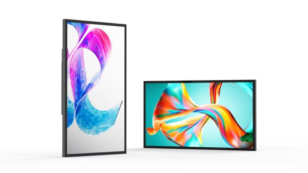 Two digital screens displaying colorful abstract designs. One screen is vertically oriented, showing a pink, purple, and blue flowing pattern. The other is horizontal with a swirling orange, green, and blue design against a light cyan background.